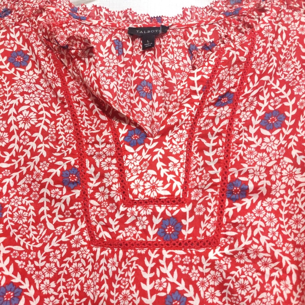 Talbots Womens Large Peasant Top Blouse Red Floral Smocking Red Trim Lightweight - Picture 2 of 8